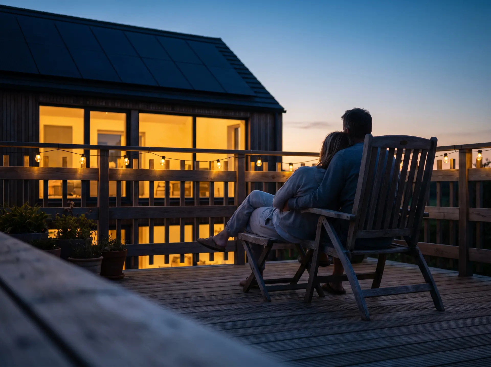 Hausbesitzer entspannen abends auf der Terrasse ihres Hauses mit Solaranlage