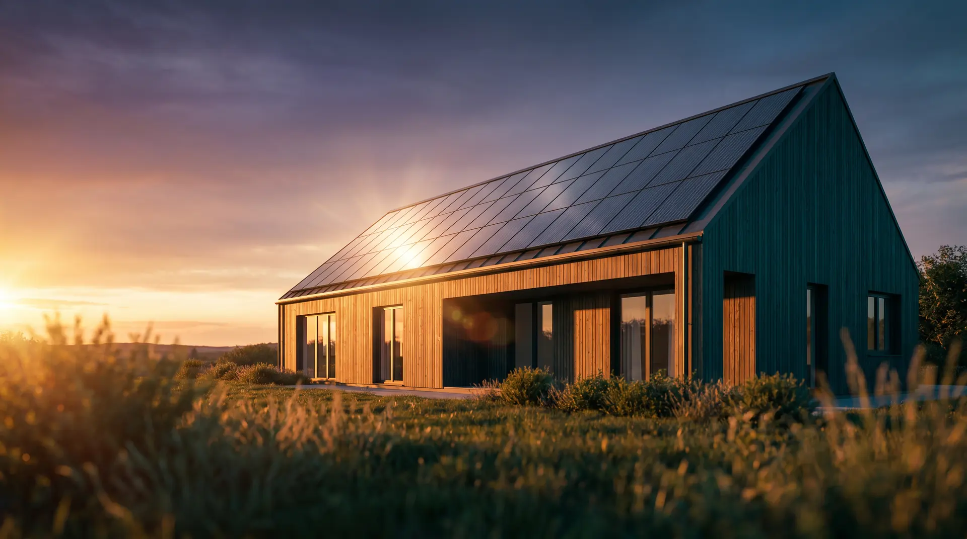 Modernes Einfamilienhaus mit vollflächiger Solaranlage im goldenen Abendlicht