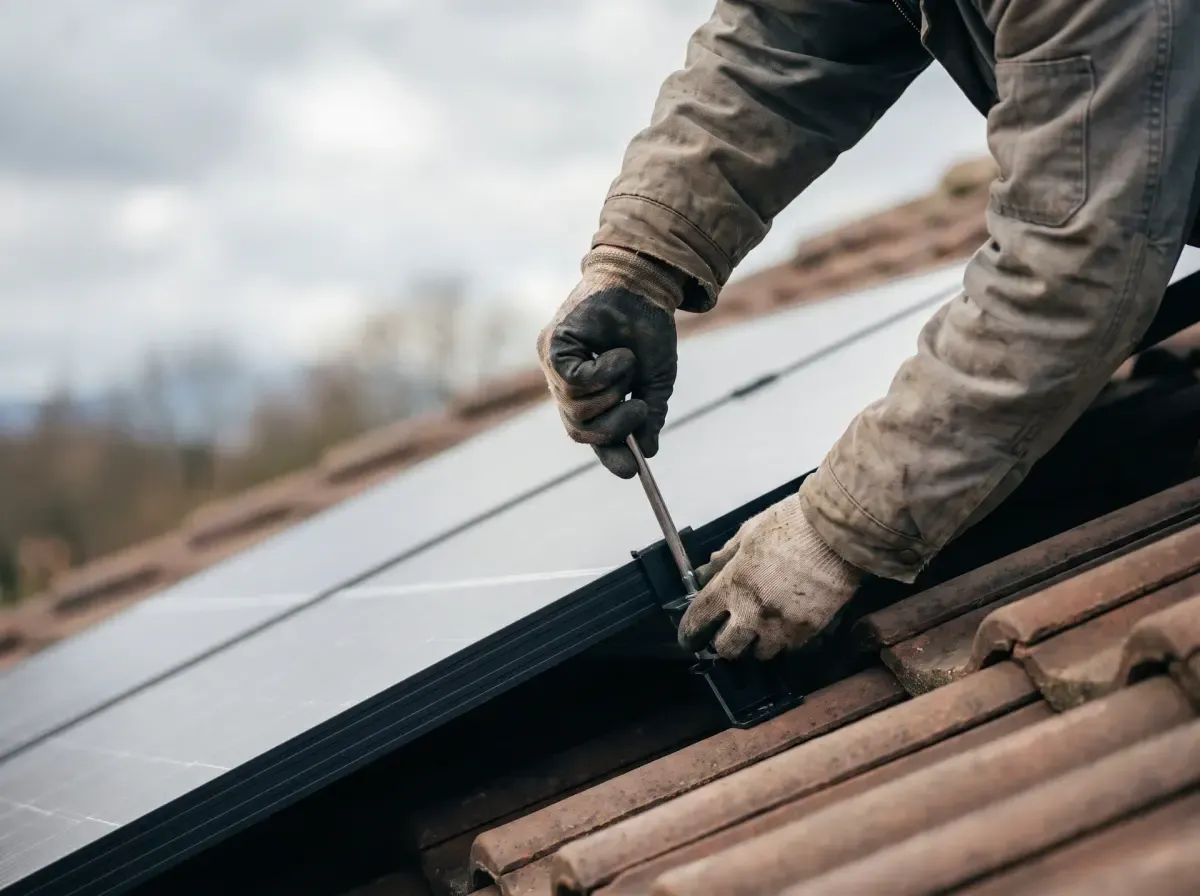 Zertifizierter Installateur befestigt ein Solarmodul auf dem Dach