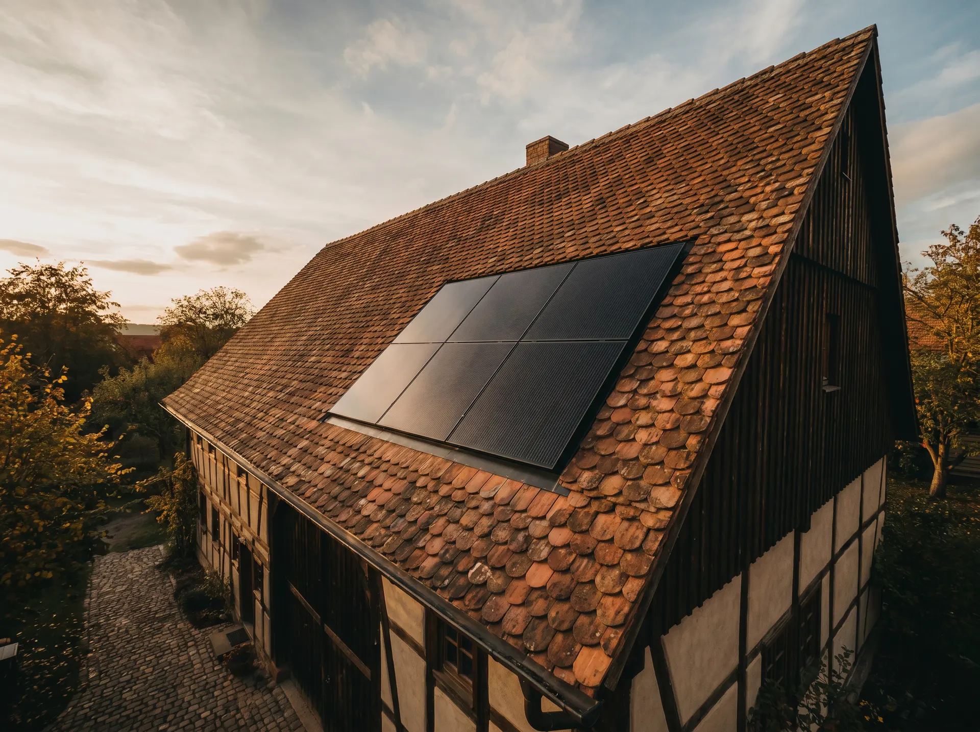 Traditionelles deutsches Haus mit Biberschwanzdach und integrierter Solaranlage im Abendlicht