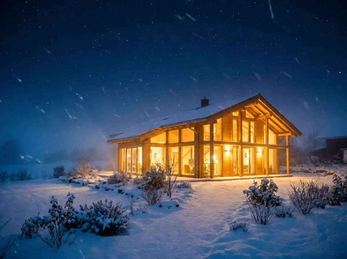 Modernes Haus in verschneiter Winterlandschaft bei Nacht mit warm erleuchteten Fenstern